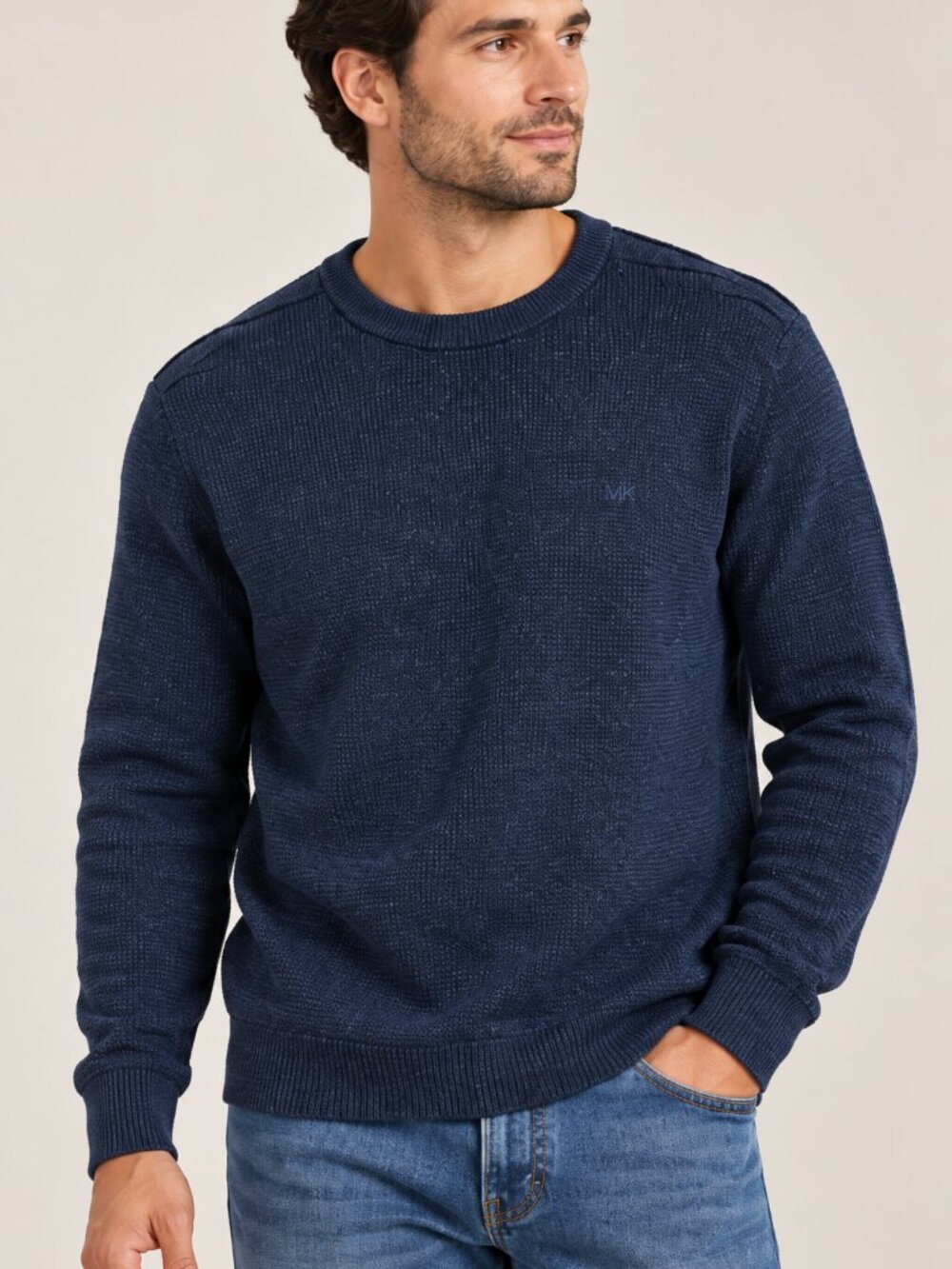 Michael Kors Men’s Navy Textured Waffle Knit Crewneck Sweater Cotton Wool XL